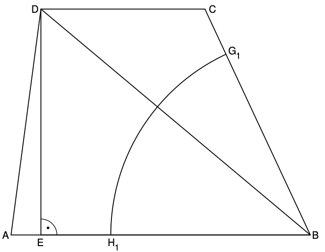 Geometrische Skizze: schräges Trapez mit Diagonale, Halbkreis-Bogen auf Basis, rechter Winkel bei E, beschriftete Punkte A B C D E H1 G1